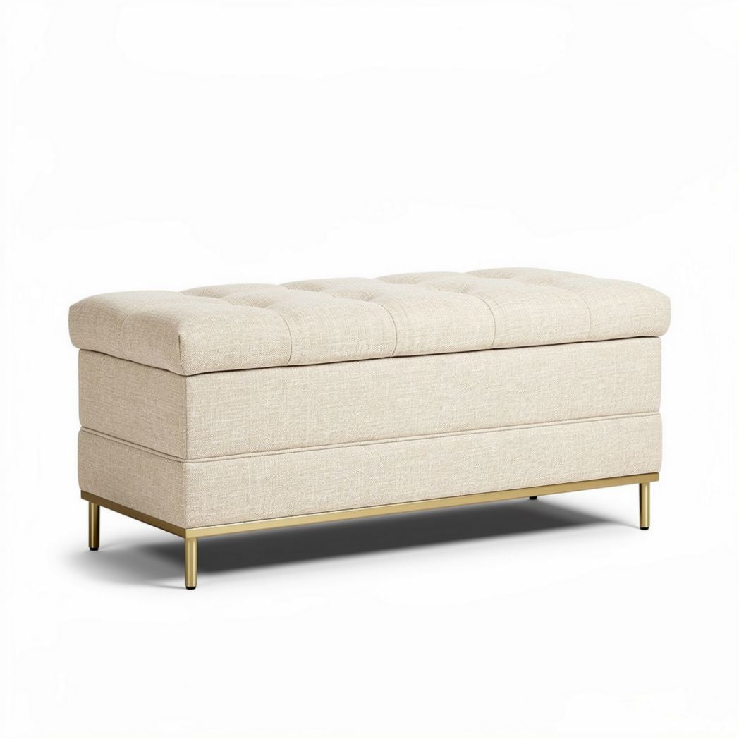 Beige upholstered storage bench with tufted top and gold legs 100 x 40 x 45cm