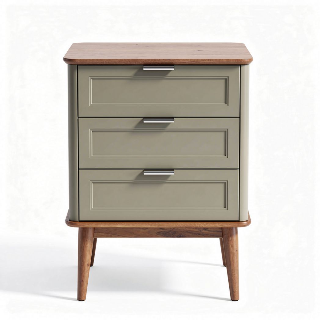 Mid-century modern nightstand with three drawers in olive green 40 x 35 x 70cm