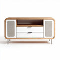 Wooden TV stand with two drawers and fabric-covered doors 120 x 40 x 70cm