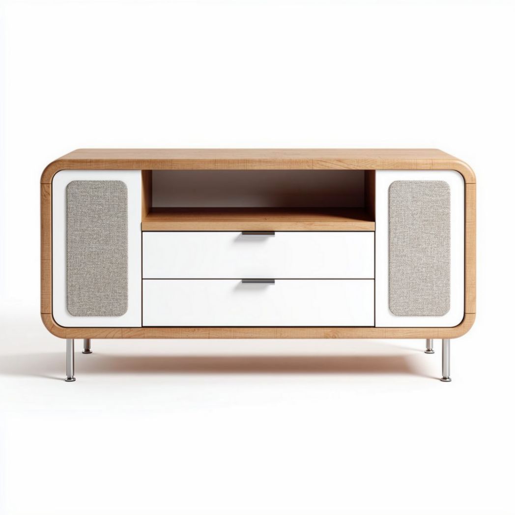 Wooden TV stand with two drawers and fabric-covered doors 120 x 40 x 70cm