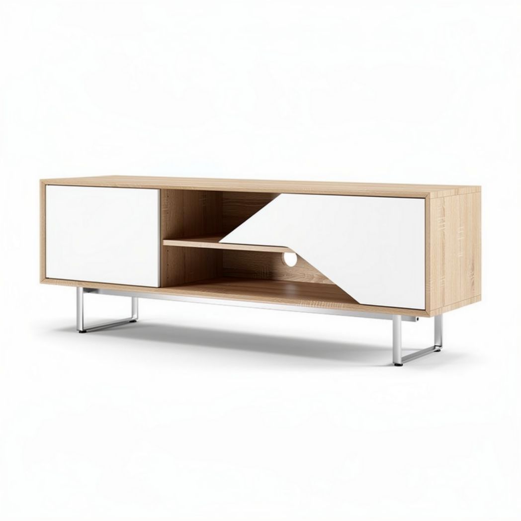 Wooden entertainment center with white sliding doors 150 x 40 x 45cm