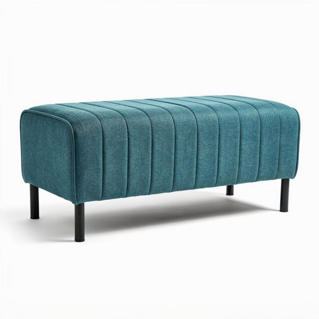 Teal upholstered bench with vertical stitching and black metal legs 120 x 40 x 45cm