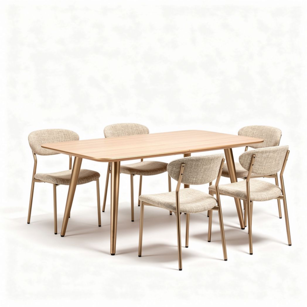 Dining table with stone top and black wooden legs paired with four woven chairs