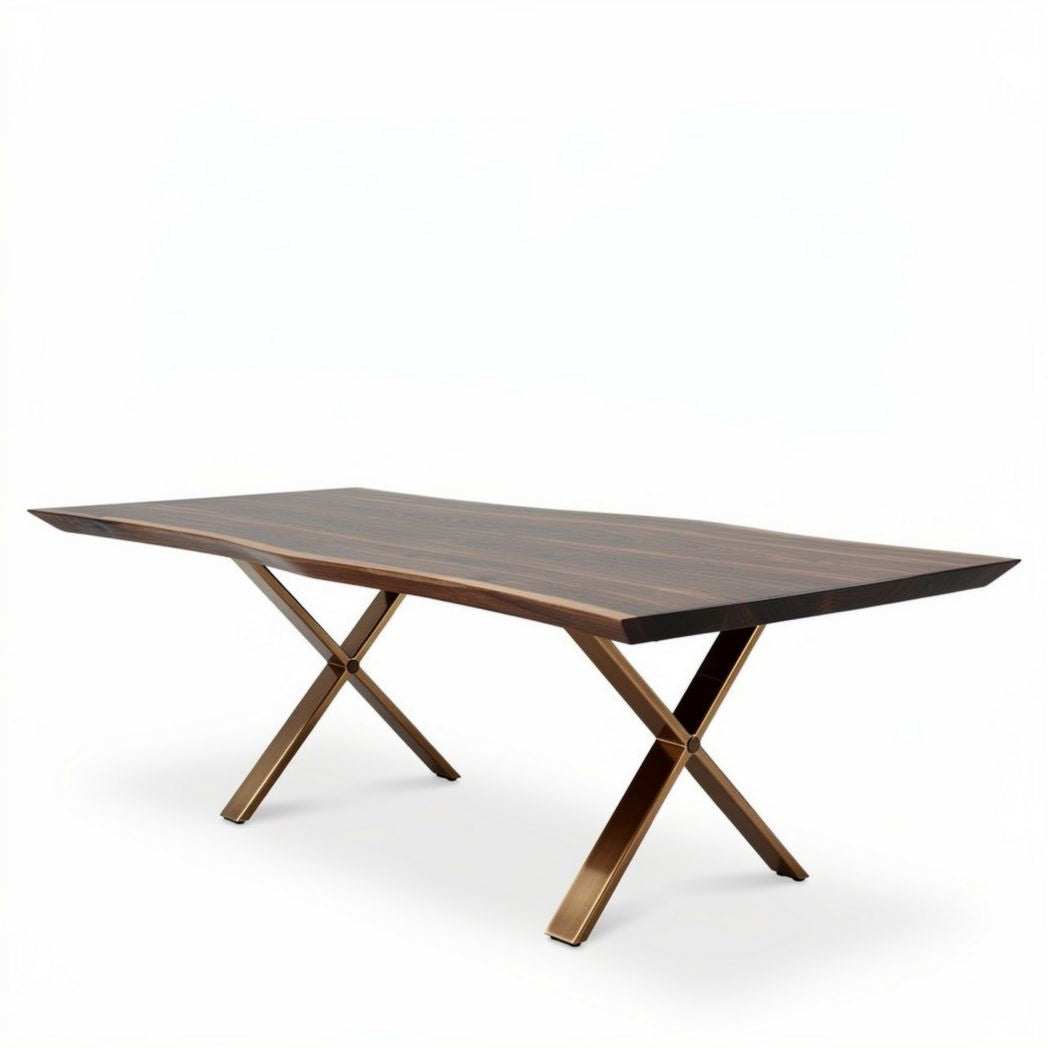 Wooden dining table with metal cross legs 200 x 100 x 75cm brown finish