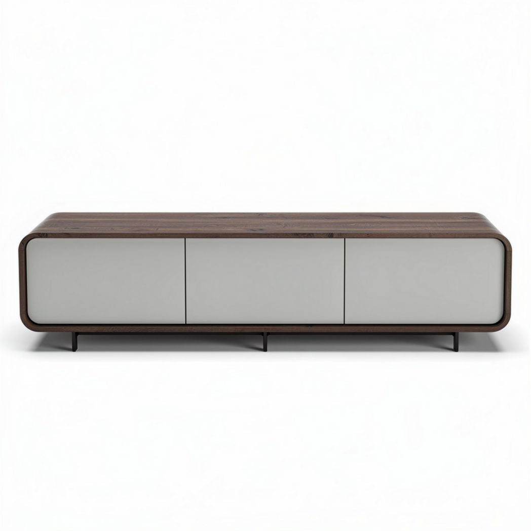Wooden tv stand with gray cabinet doors and minimalist design 150 x 40 x 50cm
