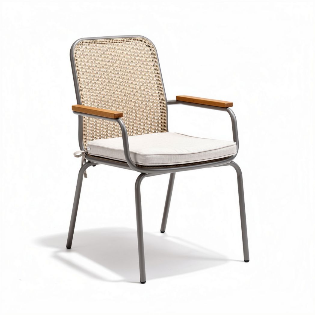 Metal frame outdoor chair with rattan back and cushioned seat 60 x 60 x 80cm