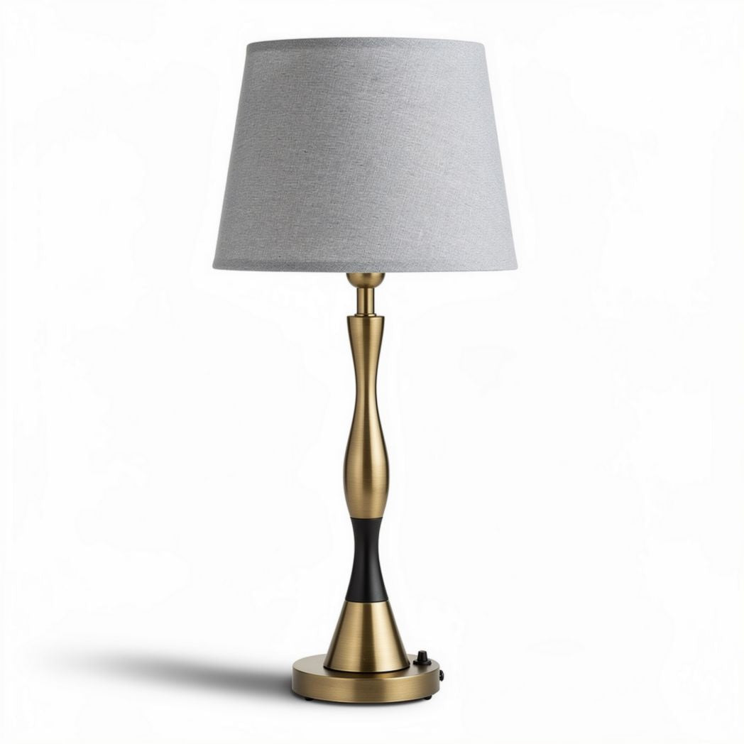 Gold and black table lamp with gray fabric shade 25 x 25 x 50cm