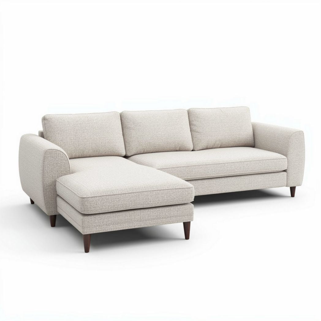 L-shaped sectional sofa in light beige fabric with wooden legs 200 x 90 x 80cm
