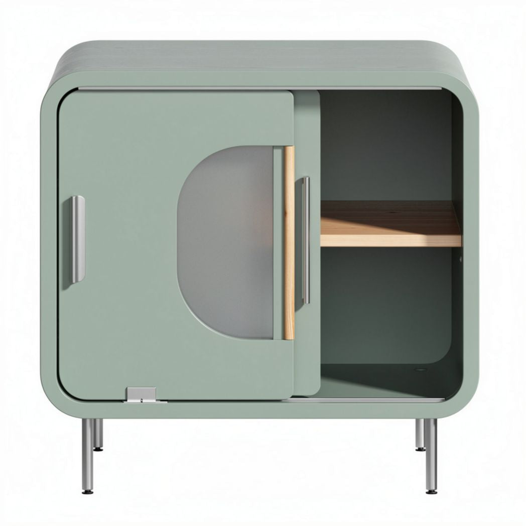 Green wooden cabinet with sliding door and open shelf 60 x 40 x 45cm