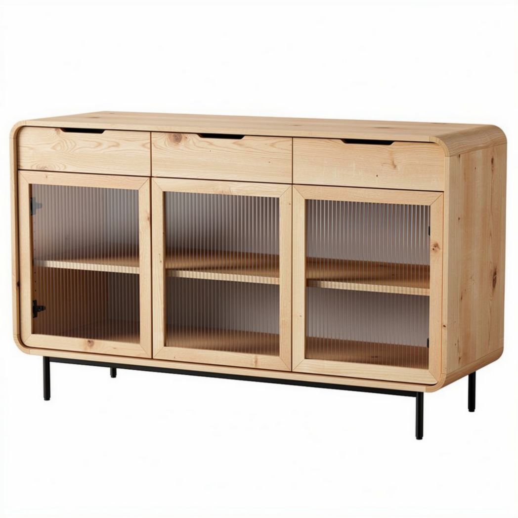 Wooden sideboard with glass doors and metal legs 150 x 40 x 80cm